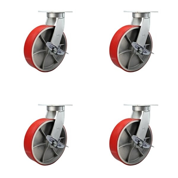 Service Caster 10'' Heavy Duty Red Poly on Cast Iron Caster Set with Brake and Swivel Lock, 4PK CRAN-SCC-KP92S1030-PUR-RS-SLB-BSL-4 - main